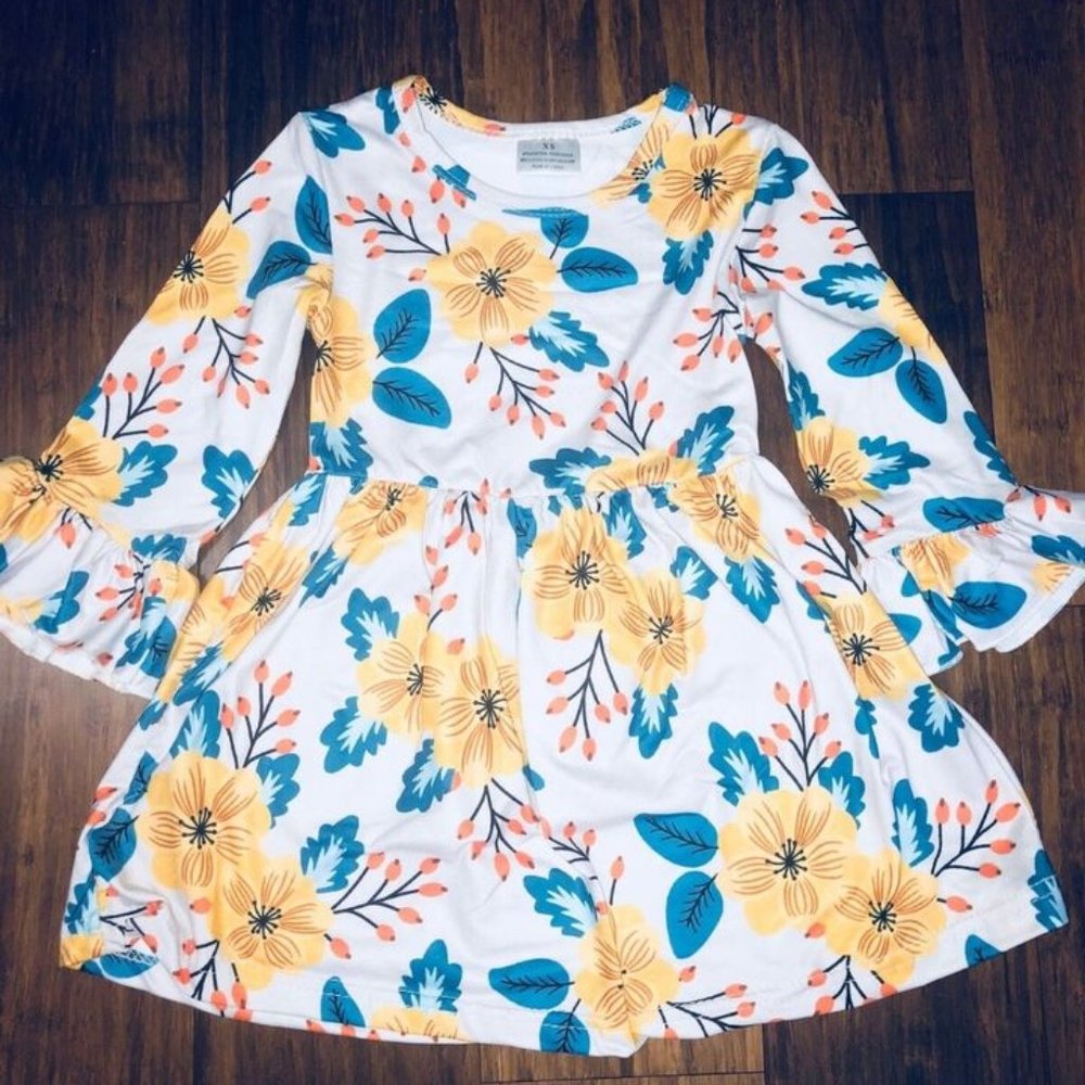 3T boutique Girls spring tunic dress White Yellow gold turquoise teal aqua blue